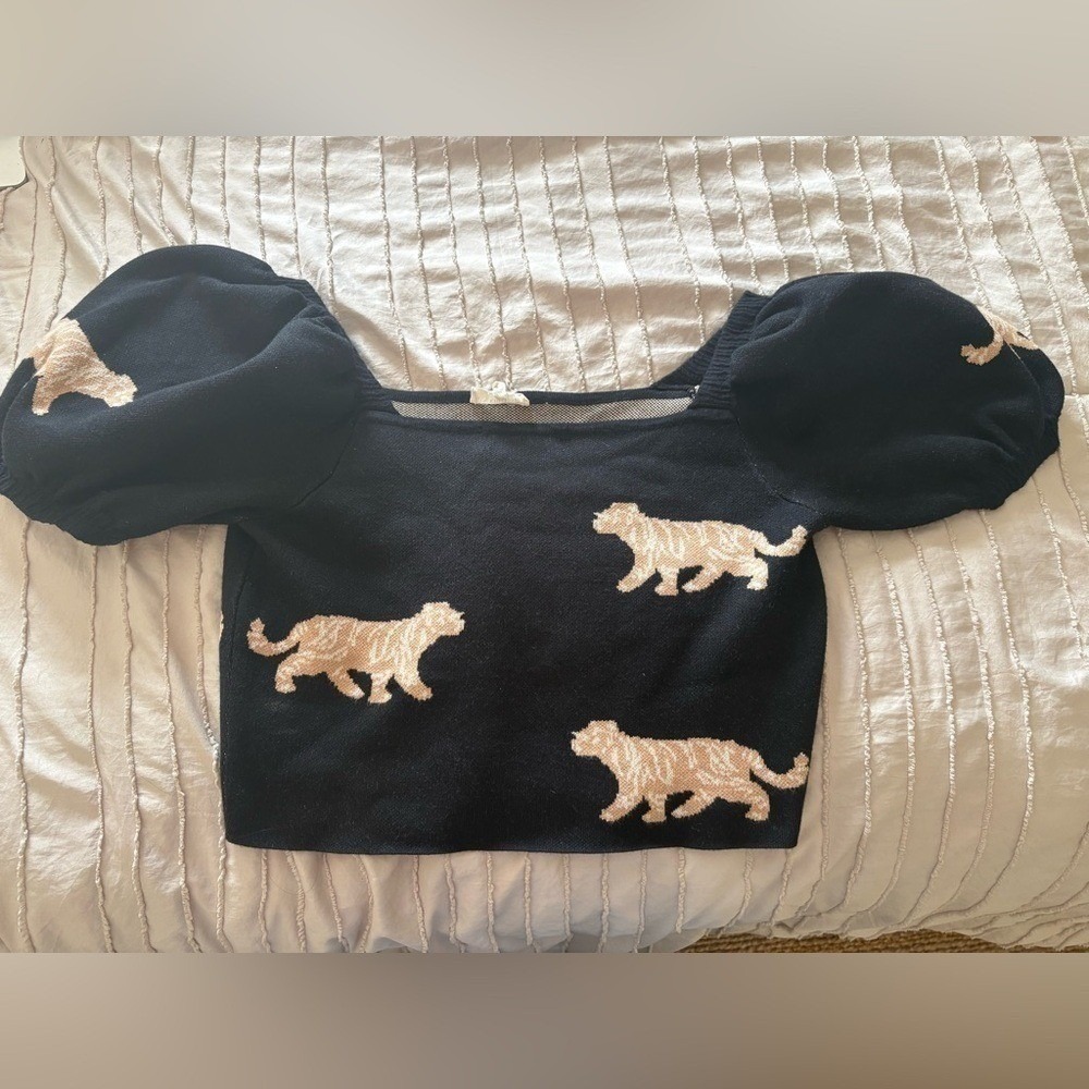 Puff Sleeve Square Neck Crop Top Cat Print L - Picture 2 of 5